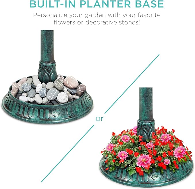 Best Choice Products Solar Outdoor Bird Bath Vintage Resin Pedestal Fountain Decoration for Yard, Garden w/Planter Base, Feeder, Decorative Bird Cage, Fillable Stand - Green