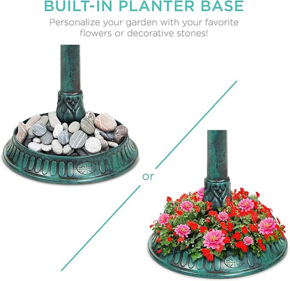 Best Choice Products Solar Outdoor Bird Bath Vintage Resin Pedestal Fountain Decoration for Yard, Garden w/Planter Base, Feeder, Decorative Bird Cage, Fillable Stand - Green