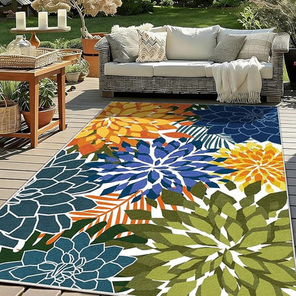 ZonLi Colorful Outdoor Rug 6x9Ft Waterproof Multicolored Indoor Area Rug Washable Outdoor Patio Rugs Tropical Floral Non Slip Outdoor Carpet for Living Room, Pool,Backyard,Deck,Camping