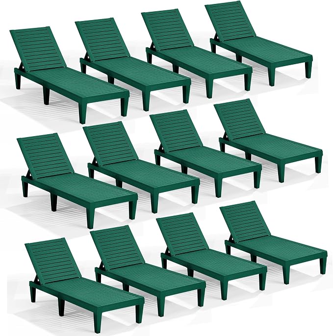 Nestl Sun Tanning Chair - Forest Green Chaise Lounge Chair Outdoor, Lightweight Pool Lounge Chairs Set of 12, Adjustable 5-Position Reclining Lawn Chair, Waterproof Beach Outdoor Lounge Chairs
