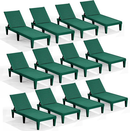 Nestl Sun Tanning Chair - Forest Green Chaise Lounge Chair Outdoor, Lightweight Pool Lounge Chairs Set of 12, Adjustable 5-Position Reclining Lawn Chair, Waterproof Beach Outdoor Lounge Chairs