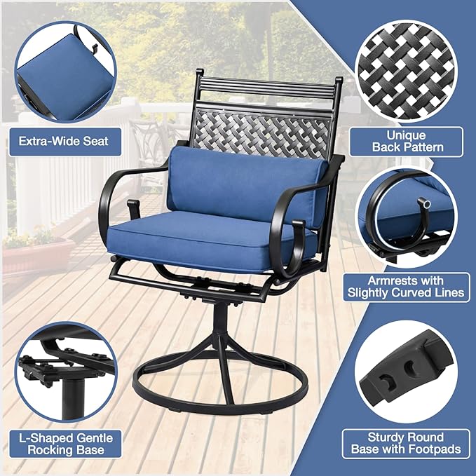 MELLCOM Patio Swivel Chair Set of 4, Heavy Duty Outdoor Dining Chairs with Cushions and Lumbar Pillows, Metal Patio Chairs Gentle Rocker for Outside, Garden Lawn & Porch, Backyard, Blue
