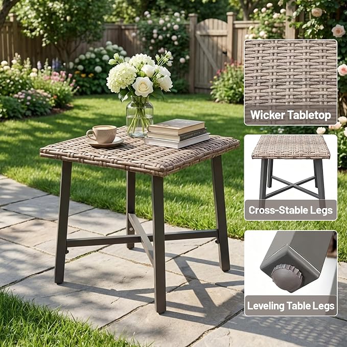 Loungewave Outdoor Side Tables for Patio, Small Wicker Patio Rattan Side Table, Outside End Table for Backyard, Porch, Pool, Weather Resistant & Easy Maintenance (Brown)
