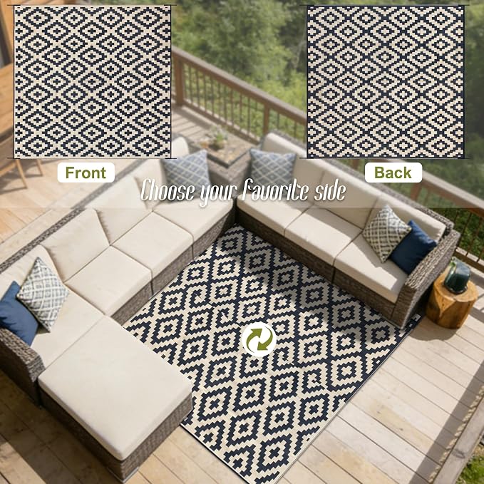 SAND MINE Reversible Mats, Plastic Straw Rug, Modern Area Rug, Large Floor Mat and Rug for Outdoors, RV, Patio, Backyard, Deck, Picnic, Beach, Trailer, Camping (10' x 10', Black & Beige Lattice)