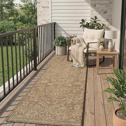 MontVoo-2x8 ft Indoor Outdoor Runner Rugs for Entryway Porch Hallway Kitchen Door Entrance Long, Textured Weave Polypropylene, Durable for High Traffic, Fade-Resistant, Vintage Medallion Neutral Brown
