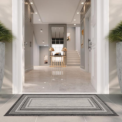 SAFAVIEH Washable Rug Outdoor Courtyard Collection - 2'3" x 4', Light Grey & Black, Non-Shedding & Easy Cleaning, Ideal for Patio, Front Door, Entryway, Mudroom, Doormat (CY8475-37612)