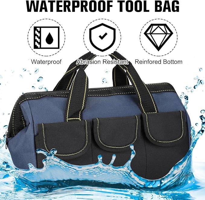 Sanwuta 3 Pack Tool Bag for Men with Waterproof Hard Bottom, Heavy Duty Tool Bag Wide Mouth Tote for Various Instrument, Electrician Carpenter Mechanic(Blue,13 Inch,Classic)