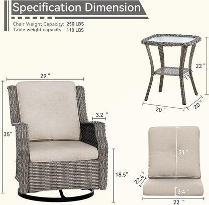 Outdoor Swivel Rocker Patio Chair with Matching Side Table - 360 Degree Patio Swivel Glider Chair with 3.5" Olefin Cushions(Mixed Grey/Beige)