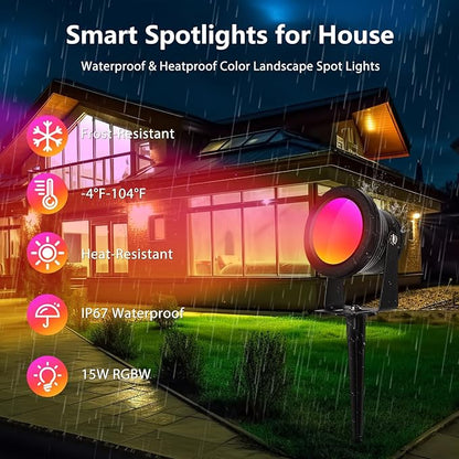 Spotlight Outdoor Control with Smart APP, 2 Pack 15W RGBW Landscape Lighting, Dimmable Color Changing IP67 Waterproof Spot Light Warm Flood Light for House Pathway Garden Yard Tree