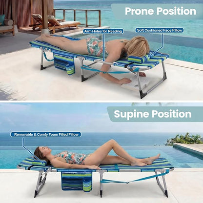 Giantex Tanning Chair, 330Lbs Patio Lounge Chair with 5 Adjustable Position, Face & Arm Hole, Hand/Shoulder Strap, Removable Pillow, Side Pocket, Chaise Lounger for Beach Sunbathing Outdoor, Stripe