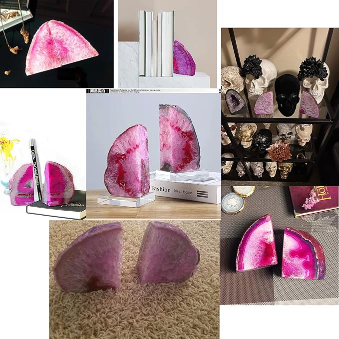 JIC Gem Decorative Crystal Book Ends Polished Dyed Pink Color Geode Brazilian Agate Bookends with Rubber Bumpers Small Size(1 Pair, 2-3 LBS)