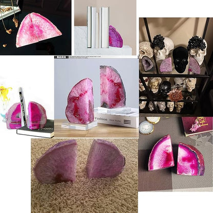 JIC Gem Decorative Crystal Book Ends Polished Dyed Pink Color Geode Brazilian Agate Bookends with Rubber Bumpers Small Size(1 Pair, 2-3 LBS)