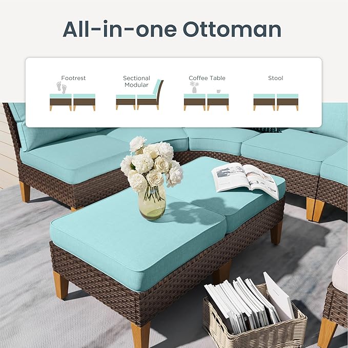 PHI VILLA 9-Piece Half Moon Patio Furniture Set with 56" Fire Pit Table, Outdoor Wicker Sectional Sofa with Aqua Blue Cushions, 2 Ottomans, Large Curved Conversation Seating for Garden or Backyard