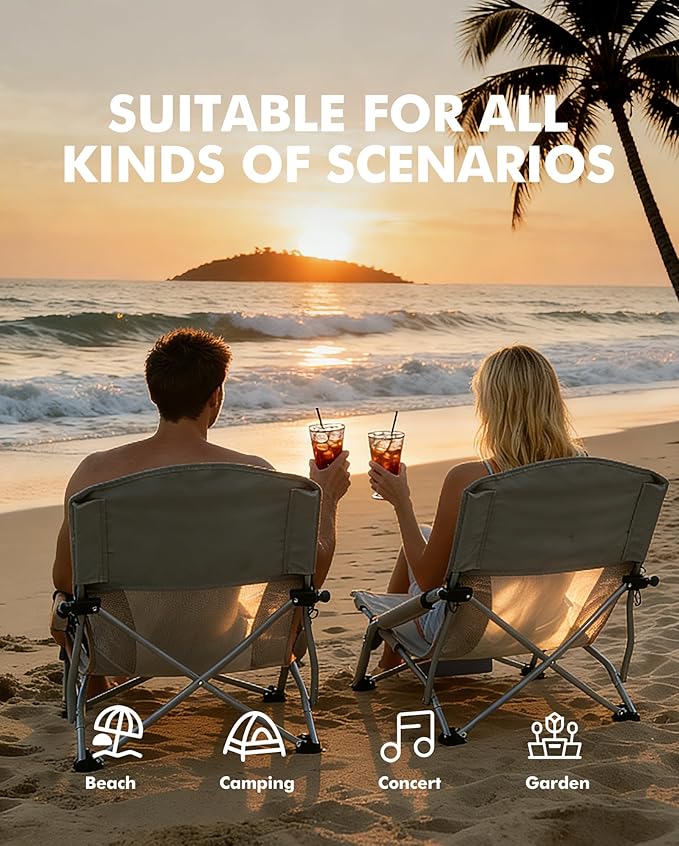 AKSOUL Folding Beach Chair for Adults: Low/High Back Chairs with Carry Bag - Extra Wide Seat Chair with Comfortable Pillow & Storage Pocket (1 Pack & 2 Pack, Blue)