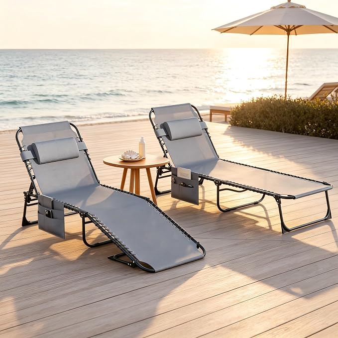 Outdoor Lounge Chair, Foldable Reclining Chaise Lounge with Detachable Pillow & Side Pocket, 4-Position Recliner Tanning Chair for Beach, Pool, Lawn, Backyard, Grey, 2 Packs