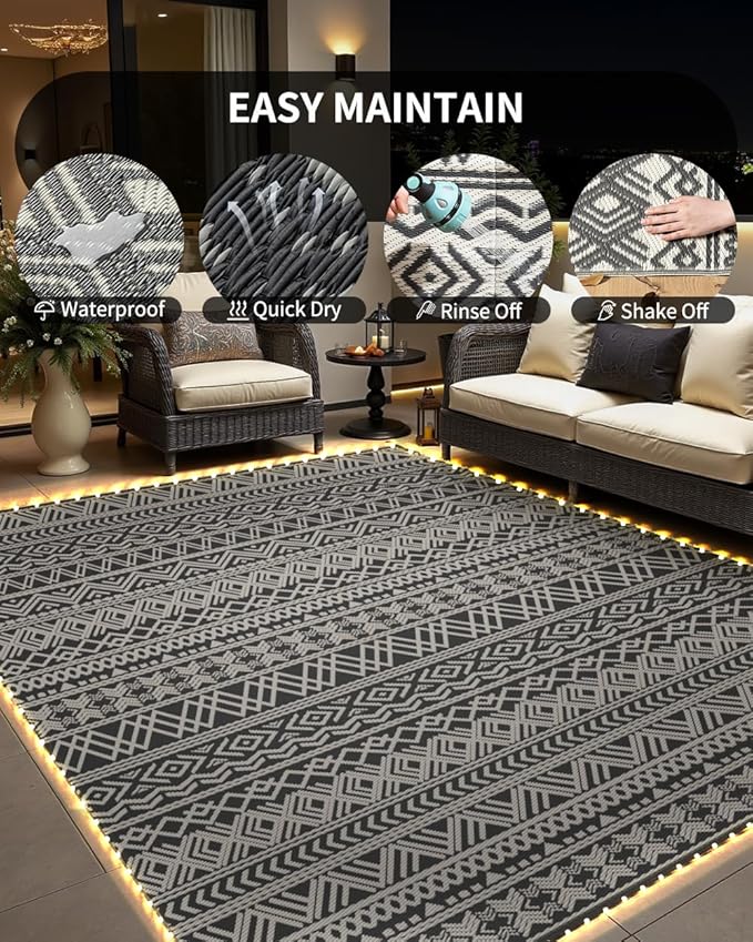 MontVoo-Outdoor Rug Carpet 6x9 ft for Patio RV Camping with Led Strip Lights Waterproof Plastic Straw Rug Reversible Portable Outside Indoor Outdoor Rug Mat for Patio Decor Balcony Picnic-Boho