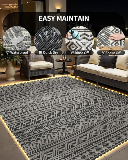 MontVoo-Outdoor Rug Carpet 8x10 ft for Patio RV Camping with Led Strip Lights Waterproof Plastic Straw Rug Reversible Portable Outside Indoor Outdoor Rug Mat for Patio Decor Balcony Picnic-Boho Rug