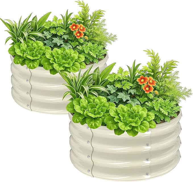 VINGLI 2 PCS Galvanized Raised Garden Beds Outdoor, 2x2x1ft Round Raised Planter Boxes Outdoor, Metal Raised Garden Bed for Vegetables (White)