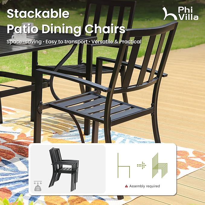 PHI VILLA 9 Pieces Outdoor Dining Table Set for 8, 60” Square Metal Dining Table & Stackable Dining Chairs, Large Dining Furniture Set for Patio, Deck, Yard, Porch