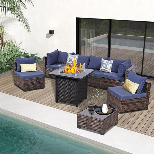 FHFO 8 Piece Patio Furniture Set with 28" Fire Pit Table, Wicker Outdoor Conversation Set Sectional Sofa with Thick Cushions & Coffee Table for Backyard, Poolside, Garden, Brown-Blue