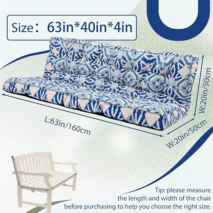 2/3 Seater Swing Replacement Cushion, Waterproof Porch Swing Cushions with Backrest, Thickened Bench Cushions for Outdoor Furniture, for Outdoor Patio Swing (Boho Blue, 63 * 40in)