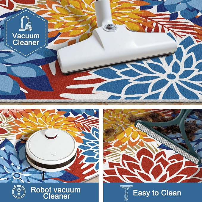 Colorful 2x6 Washable Runner Rug for Hallway Tropical Botanical Modern Floral Chenille Kitchen Rugs Low Pile Non Slip Carpet for Patio, Bedroom, Laundry, Vivid Dahlia