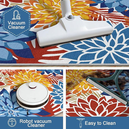 Colorful 2x6 Washable Runner Rug for Hallway Tropical Botanical Modern Floral Chenille Kitchen Rugs Low Pile Non Slip Carpet for Patio, Bedroom, Laundry, Vivid Dahlia