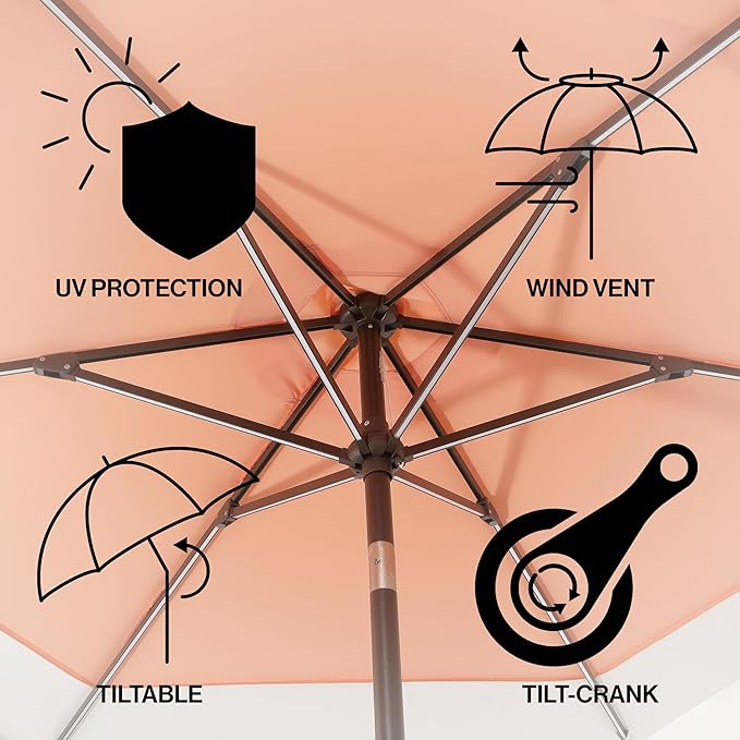 JONATHAN Y UMB1100D Spencer 9 ft. Classic Coastal 2-Tone Solar LED Market Patio Umbrella with 12 LED Strip Lights, Auto-Tilt, Crank and UV Protection in Coral Pink/White