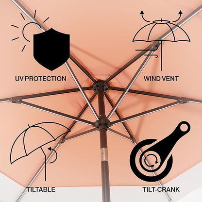 JONATHAN Y UMB1100D Spencer 9 ft. Classic Coastal 2-Tone Solar LED Market Patio Umbrella with 12 LED Strip Lights, Auto-Tilt, Crank and UV Protection in Coral Pink/White