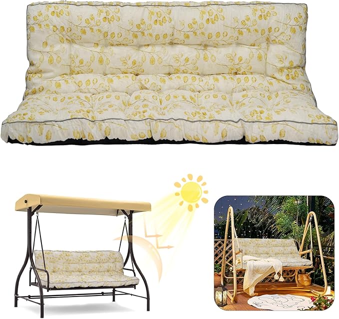 2/3 Seater Swing Replacement Cushion, Waterproof Porch Swing Cushions with Backrest, Thickened Bench Cushions for Outdoor Furniture, for Outdoor Patio Swing (Yellow Leaves, 63 * 40in)