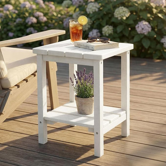 Furnimart Adirondack 2-Layer Square Outdoor Side Table, Extra-Thick HDPE Weather-Resistant Small Patio Table, White Outdoor End Table for Garden Balcony Yard Deck Poolside(White)