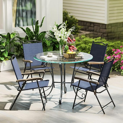 Tangkula Set of 4 Patio Folding Dining Chairs, Outdoor Sling Lawn Chairs with Armrests, Steel Frame, Portable Camping Lounge Chairs for Backyard, Deck, Poolside and Garden, No Assembly (2, Navy)