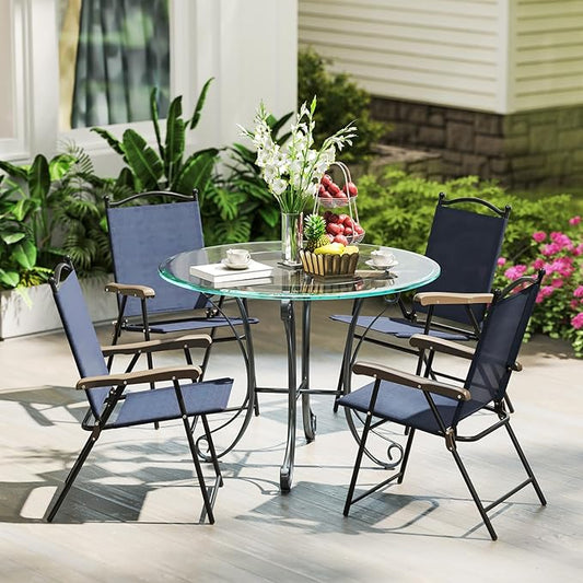 Tangkula Set of 4 Patio Folding Dining Chairs, Outdoor Sling Lawn Chairs with Armrests, Steel Frame, Portable Camping Lounge Chairs for Backyard, Deck, Poolside and Garden, No Assembly (2, Navy)