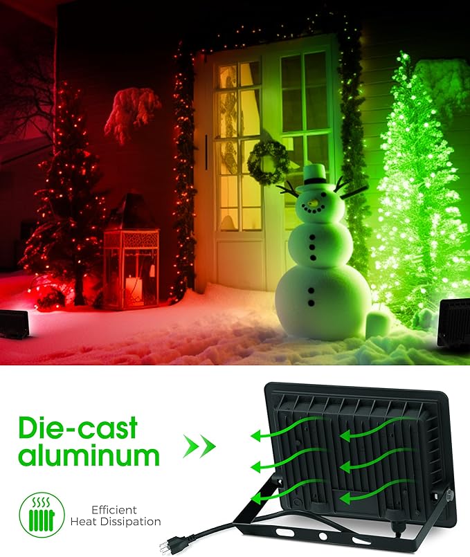 L LOHAS LED Green Christmas Flood Light Outdoor, 𝑫𝒖𝒔𝒌 𝒕𝒐 𝑫𝒂𝒘𝒏 50W Plug in Flood Light, IP66 Waterproof Christmas Decorations, 2300lm Christmas Lights for Yard, Garage, Party UL Listed 2 Pack