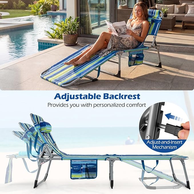 GYMAX Tanning Chair with Face Hole, Sun Bathing Lounge Chairs for Outside with Side Pocket, Folding Portable Face Down Layout Tanning Chair Beach, Backyard, Poolside, Lawn (Blue Stripe,1)