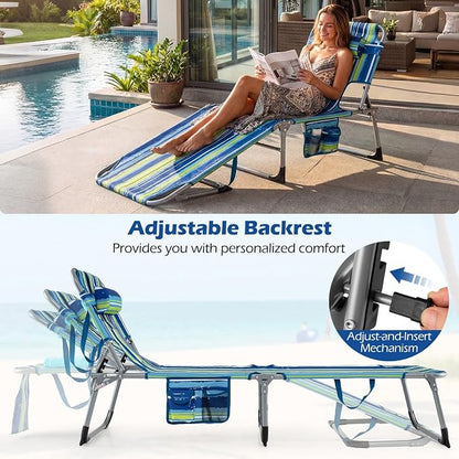 GYMAX Tanning Chair with Face Hole, Sun Bathing Lounge Chairs for Outside with Side Pocket, Folding Portable Face Down Layout Tanning Chair Beach, Backyard, Poolside, Lawn (Blue Stripe,1)
