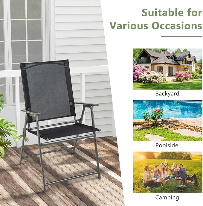 Giantex Patio Folding Chairs Set of 2, Outdoor Lawn Chairs with Rustproof Metal Frame, Portable Dining Chairs for Porch, Deck, Garden, Backyard, Camping