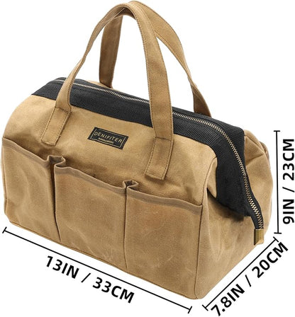 Tool Bag, 13-inch Heavy Duty Wide Mouth Water-Resistant Waxed Canvas Zipper Bag, Tool Tote with Handle for Tools, Wrenches, Screwdrivers (13 X 7.8 X 9 inch) | Khaki