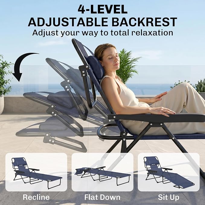 Outsunny Tanning Chaise Lounge Chair, 4-Position Beach Chair with Face & Arm Holes, Pillow headrest, Adjustable Sunbathing Chair, Navy Blue