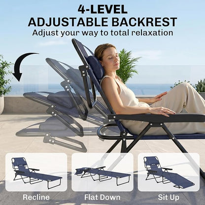 Outsunny Tanning Chaise Lounge Chair, 4-Position Beach Chair with Face & Arm Holes, Pillow headrest, Adjustable Sunbathing Chair, Navy Blue