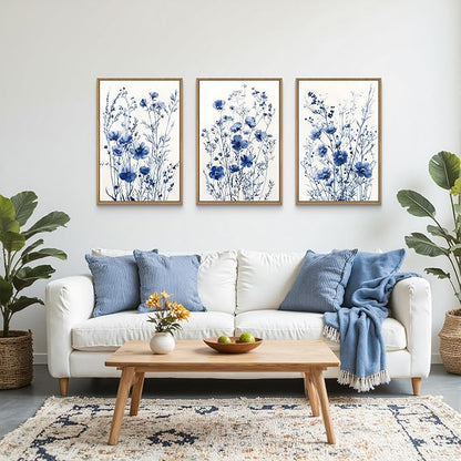 FWIEXA Blue White Wildflower Canvas Wall Art Set of 3, Framed Navy Chinoiserie Watercolor Botanical Pictures Wall Decor, Minimalist Floral Paintings Artwork, 24x36In Florals Prints for Living Room, Bedroom, Bathroom