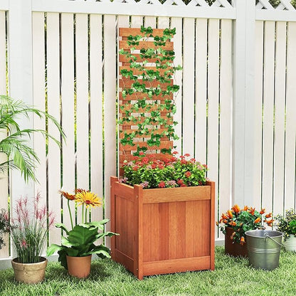 Giantex Wood Raised Garden Bed with Trellis Set of 2, Outdoor Planter Box w/Open-Ended Base for Climbing Plants, 18'' Planting Depth Freestanding Privacy Planters Trellis Planter for Patio, Backyard