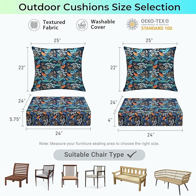 Outdoor Cushions for Patio Furniture,Outdoor Seat Cushion Set 24 x 24 x 5.75 Inch,Waterproof & Fade Resistant Outdoor Chair Cushions,Patio Chair Cushion, Black Nightingale
