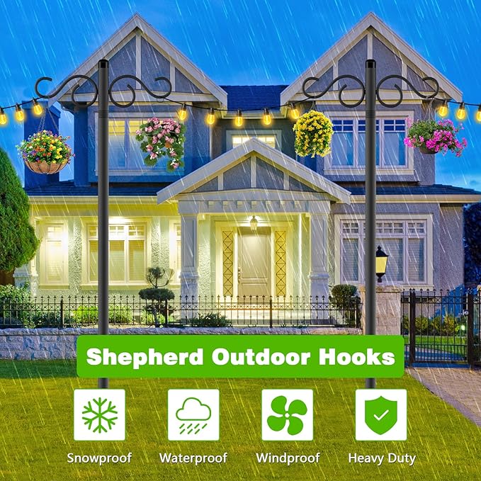 RCUICA Double Shepherds Hooks for Outdoor,2 Pack 90 Inch Bird Feeder Pole with 5 Prongs Base,Heavy Duty Shepherds Hook,Suitable for Garden in Hanging Flower Basket,Lantern,Bird Nests (90 Inch)