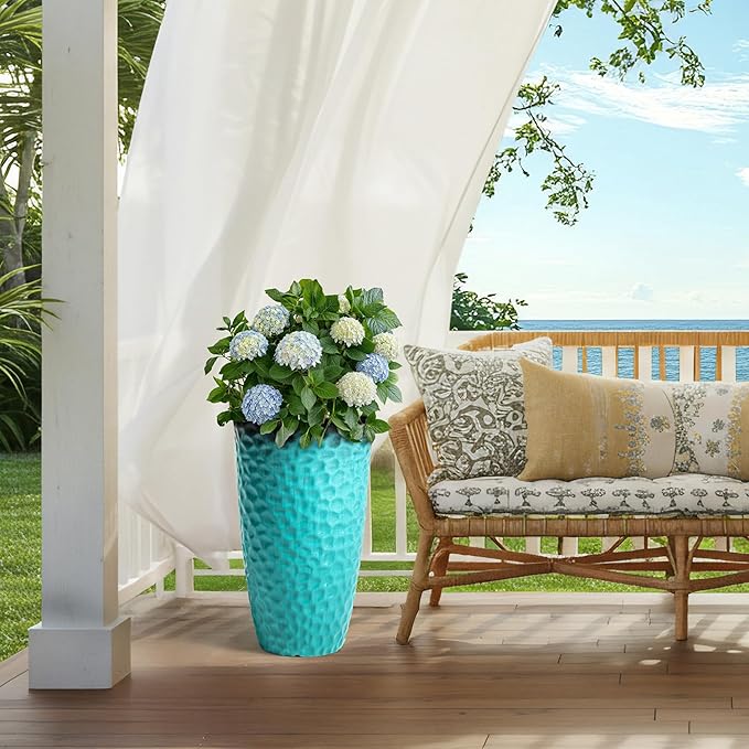 23.75" H Large Tall Outdoor Planters, Set of 2 Plastic Large Flower Pots for Outdoor Plants, with Turquoise Teal Honeycomb Texture, Weather-Resistant for Porch, Garden, Patio or Indoor Use