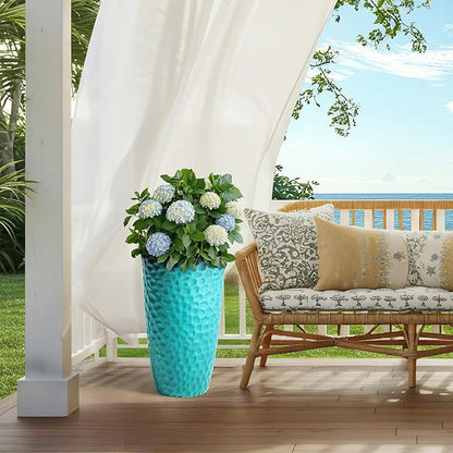 23.75" H Large Tall Outdoor Planters, Set of 2 Plastic Large Flower Pots for Outdoor Plants, with Turquoise Teal Honeycomb Texture, Weather-Resistant for Porch, Garden, Patio or Indoor Use