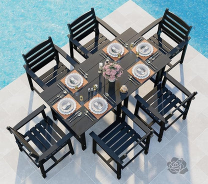 Anbuy Patio HDPE Dining Table Set, 7-Piece Outdoor Dining Table Sets, 2 in 1 Convertible Table and 6 Outdoor Chairs Outdoor All-Weather Furniture Set Black