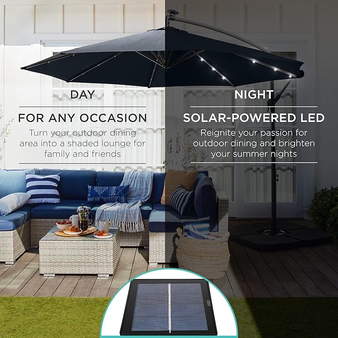 Best Choice Products 10ft Solar LED Offset Hanging Market Patio Umbrella for Backyard, Poolside, Lawn and Garden w/Easy Tilt Adjustment, Polyester Shade, 8 Ribs - Slate