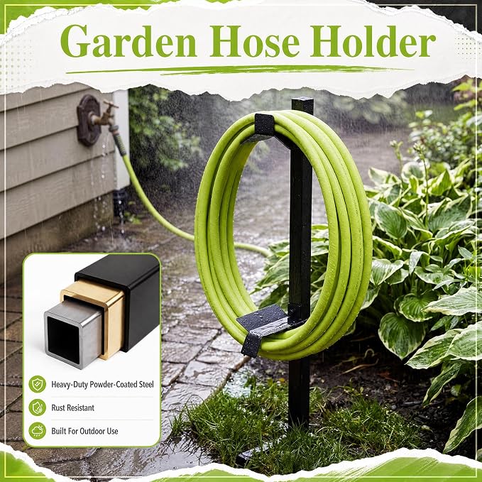 Moxweyeni Garden Hose Reel Holder Stand with Ground Stakes, up to 150-ft Hoses, Detachable Metal Water Hose Holder, Heavy Duty Garden Storage Rack for Outside Yard Lawn