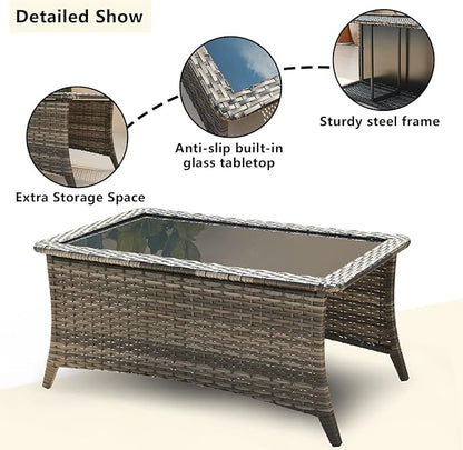 HUMMUH Outdoor Furniture 4 Pieces Patio Furniture Set Wicker Outdoor Sectional Sofa with 2 Patio Chairs,Coffee Table(Grey/Blue)